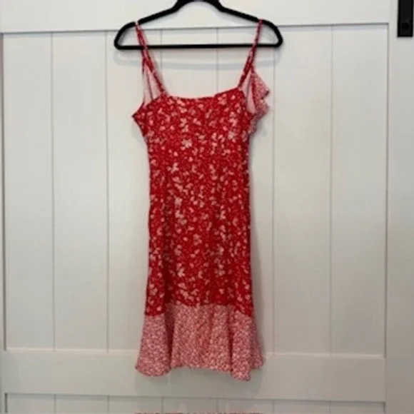 Skies Are Blue Red Floral Ruffle Wrap Dress Sleeveless Summer‎ Casual - Picture 3 of 4
